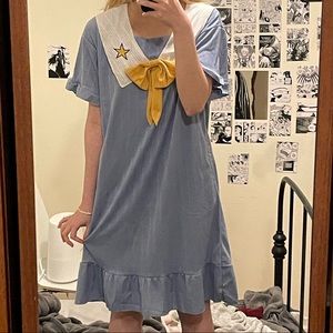 Girls Women Cute Vintage Sailor Style Cartoon Ruffle Hem Pyjama Home Sleep Dress
